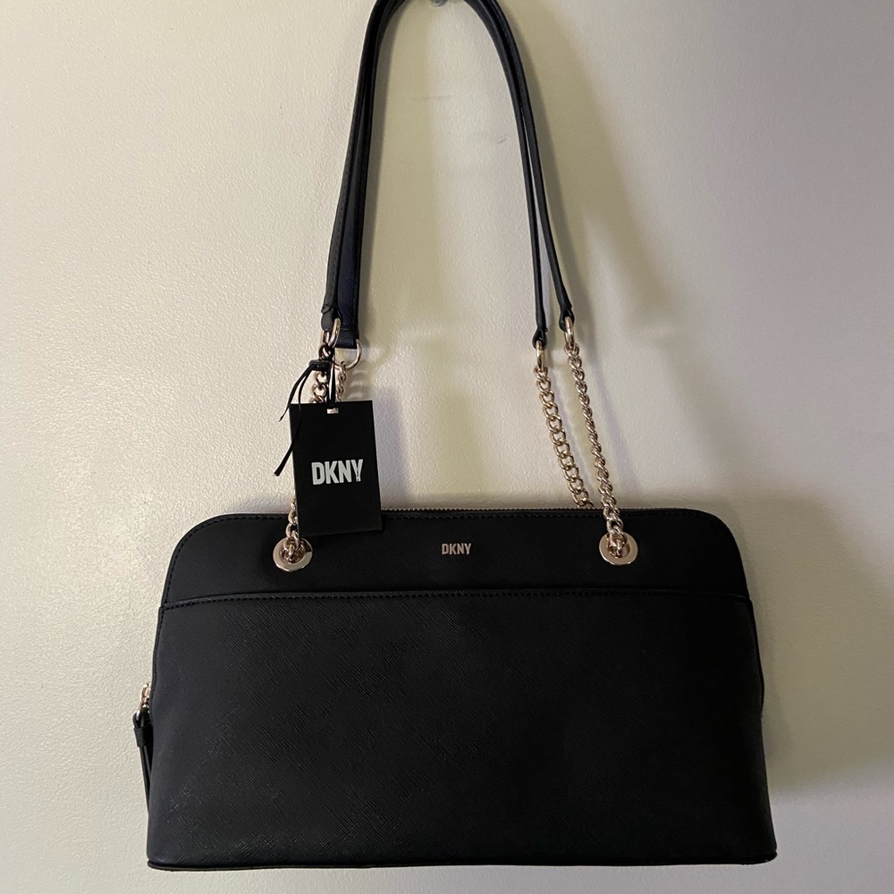 NWT DKNY Black and Gold Satchel Bag with Elegant Chain Detailing